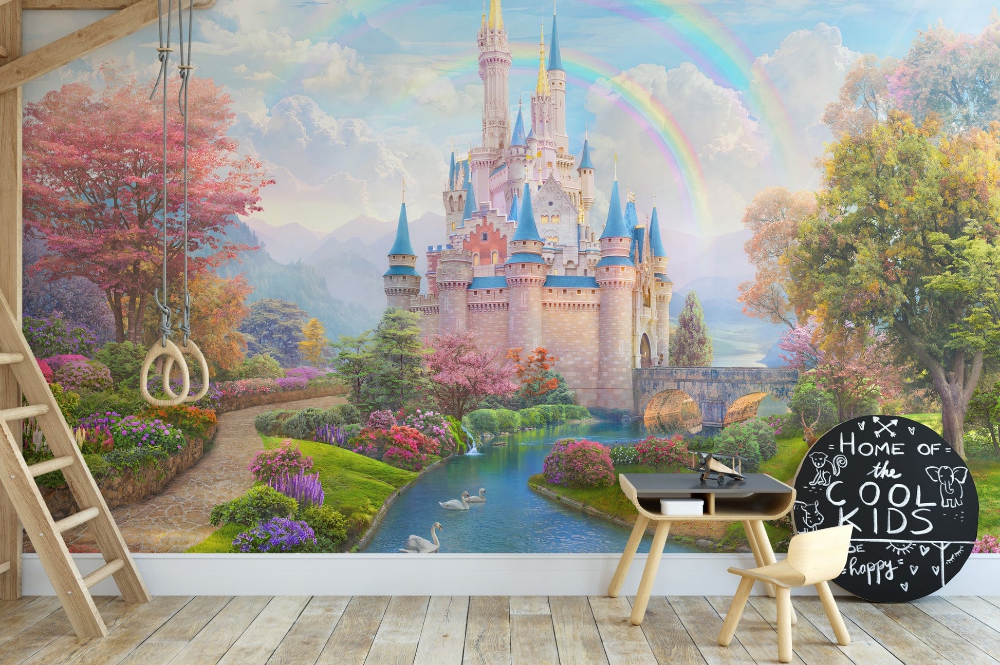 Pink princess castle wall mural in a kids play area with wooden ladder.