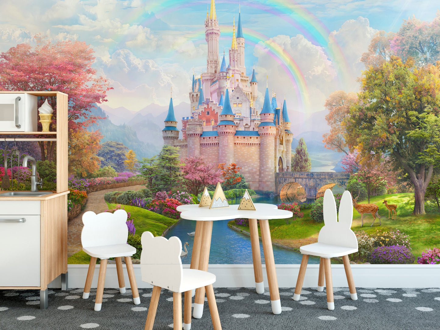 Cartoon castle wall mural for a dining space with a small table and chairs.