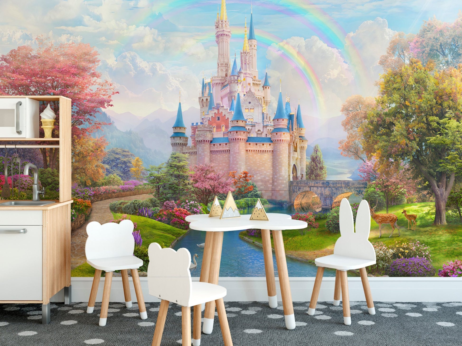 Cartoon castle wall mural for a dining space with a small table and chairs.