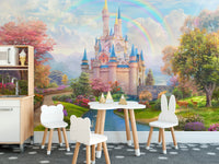 Cartoon castle wall mural for a dining space with a small table and chairs.