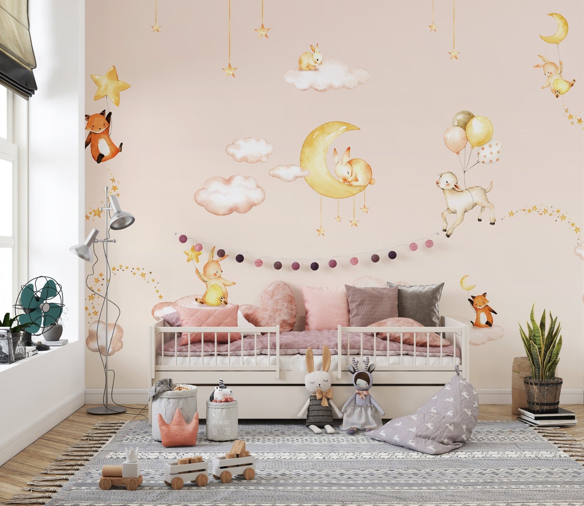 Pink sweet dreams wallpaper for kids room with watercolor bunny on cloud.