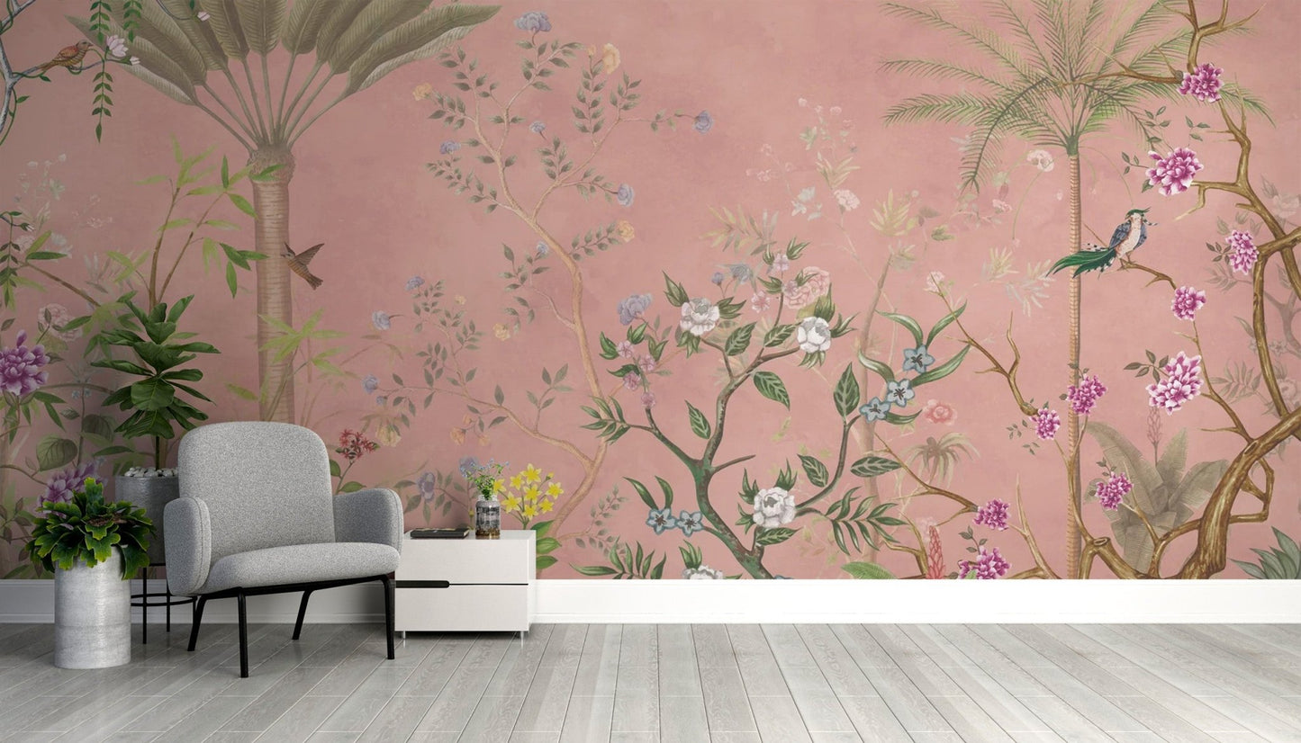 Pink Tropical Chinoiserie Wallpaper - Wallanza