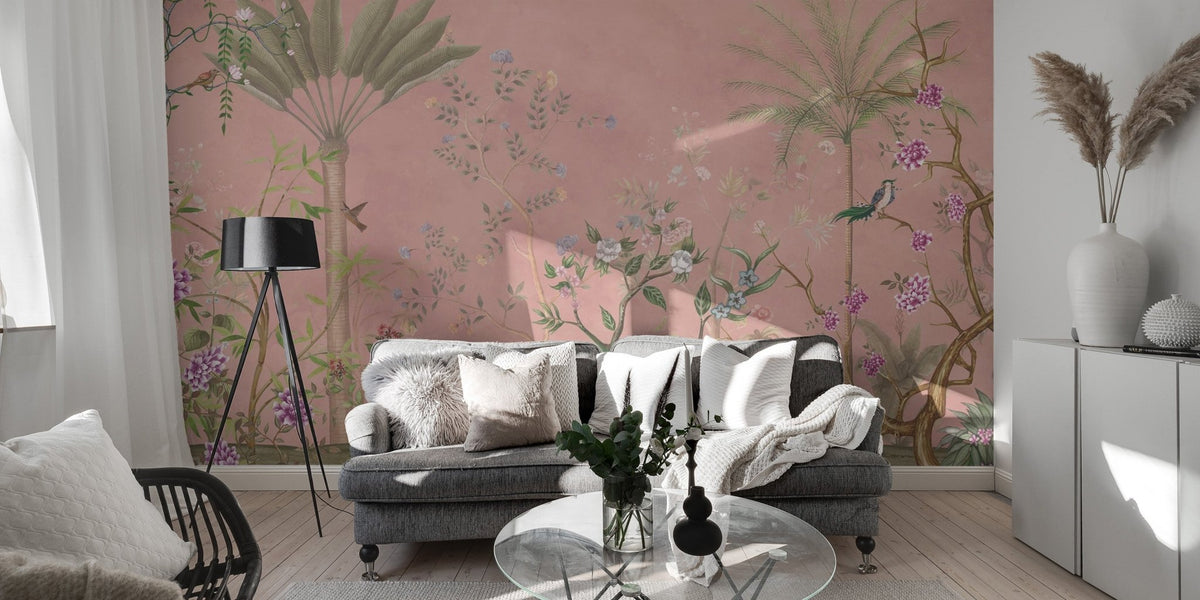 Pink tropical chinoiserie wallpaper for an artistic apartment style.