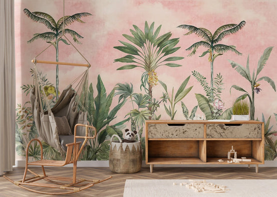 Tropical palm trees on pink watercolor background wallpaper.
