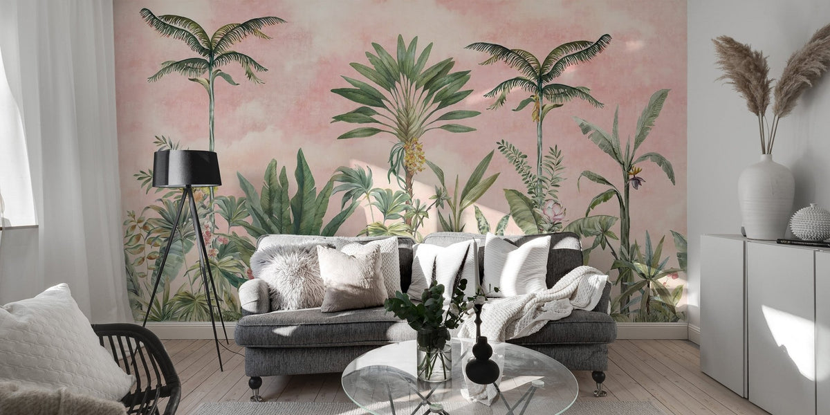 Vintage style botanical garden print pink wallpaper.