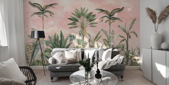 Vintage style botanical garden print pink wallpaper.