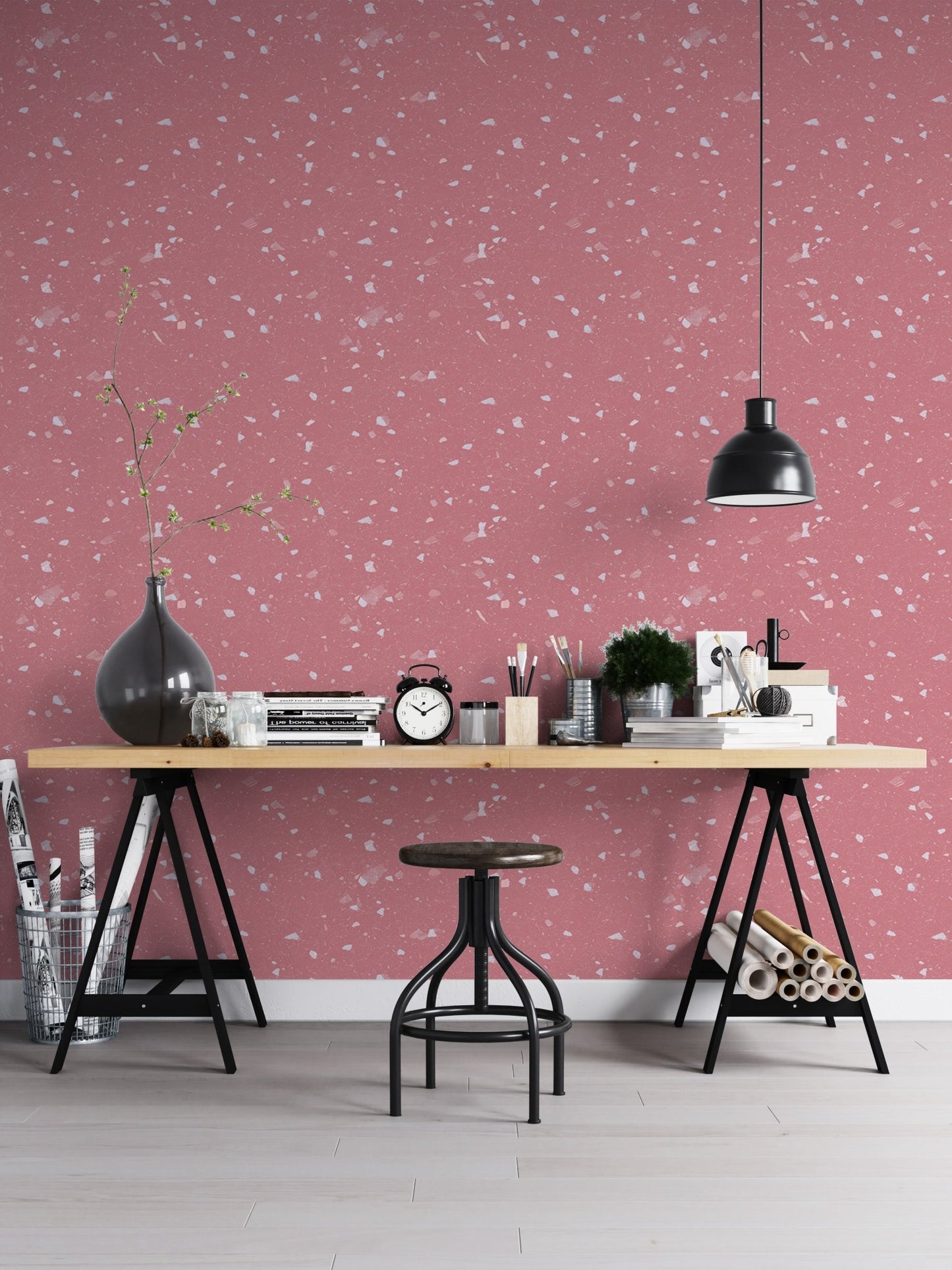 Home office workspace with pink quartz stone wallpaper and black desk.
