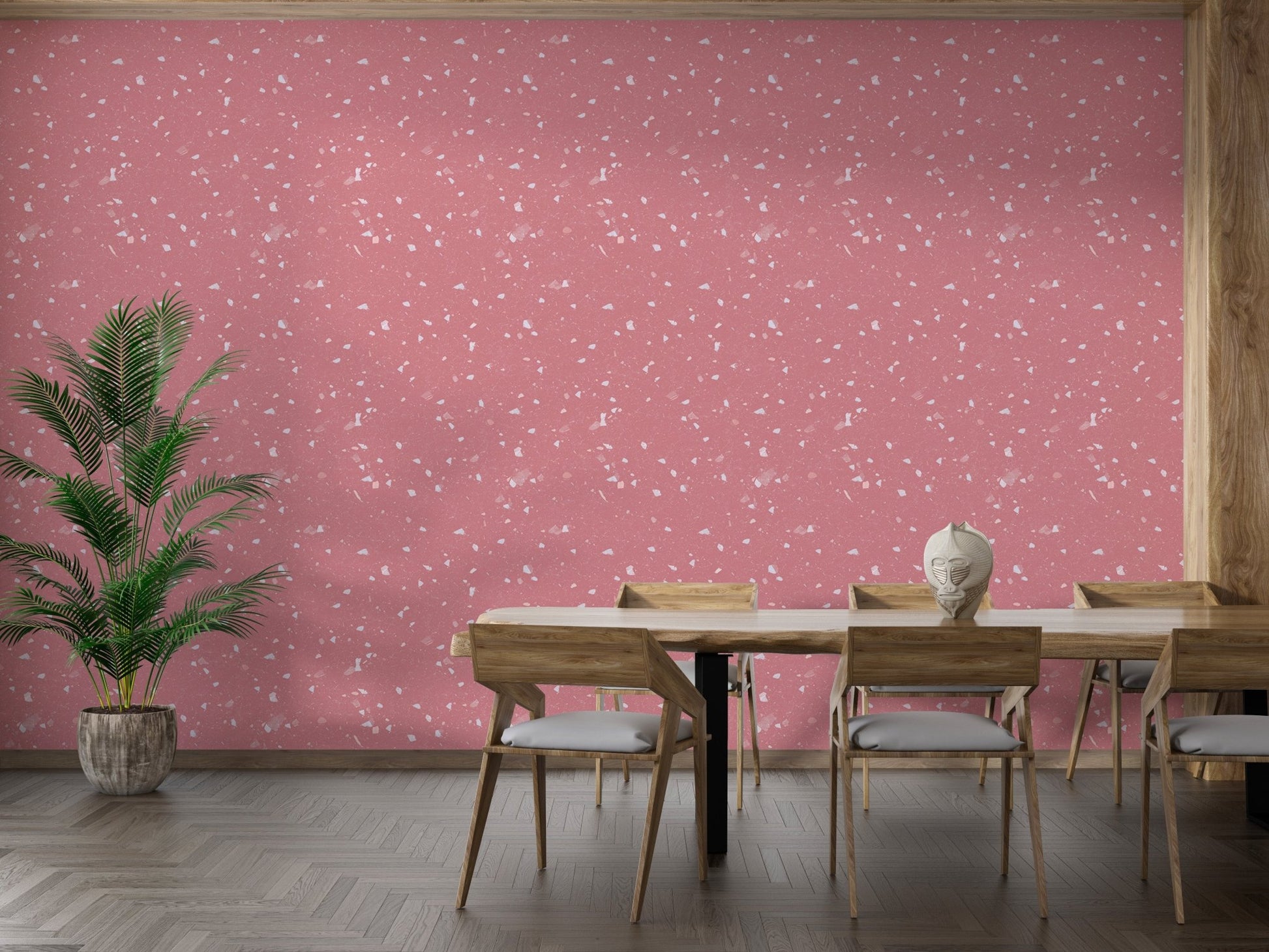 Dining room wallpaper with pink stone texture and wooden table set.