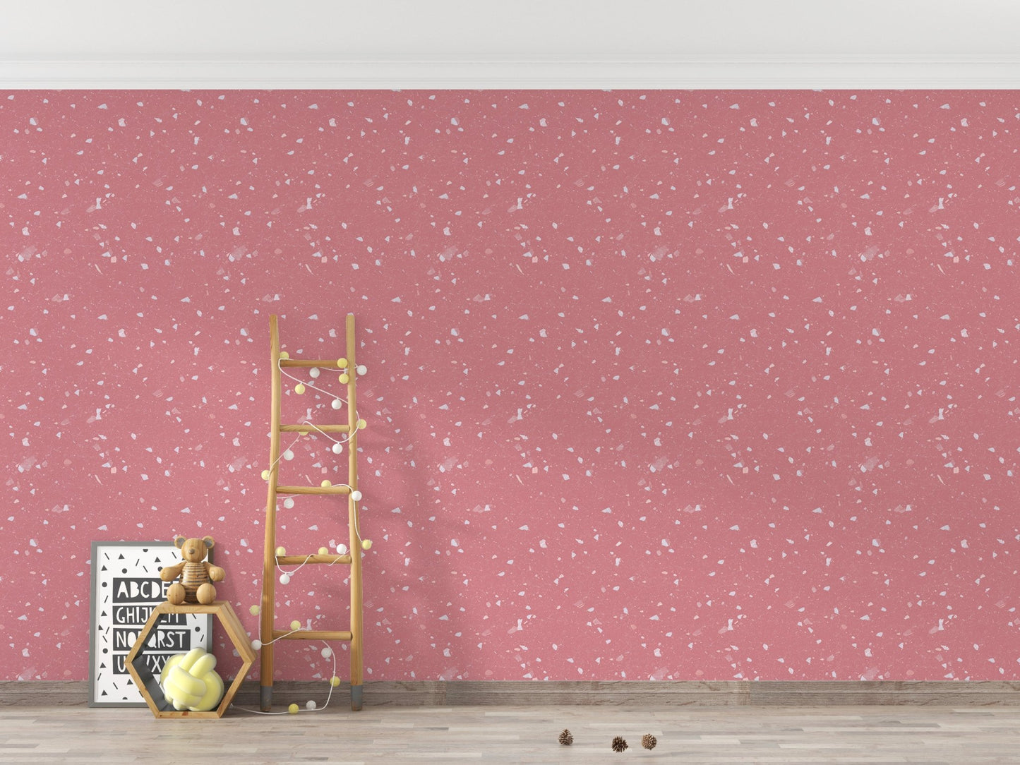 Pink terrazzo wallpaper behind a wooden ladder in a minimalist room.