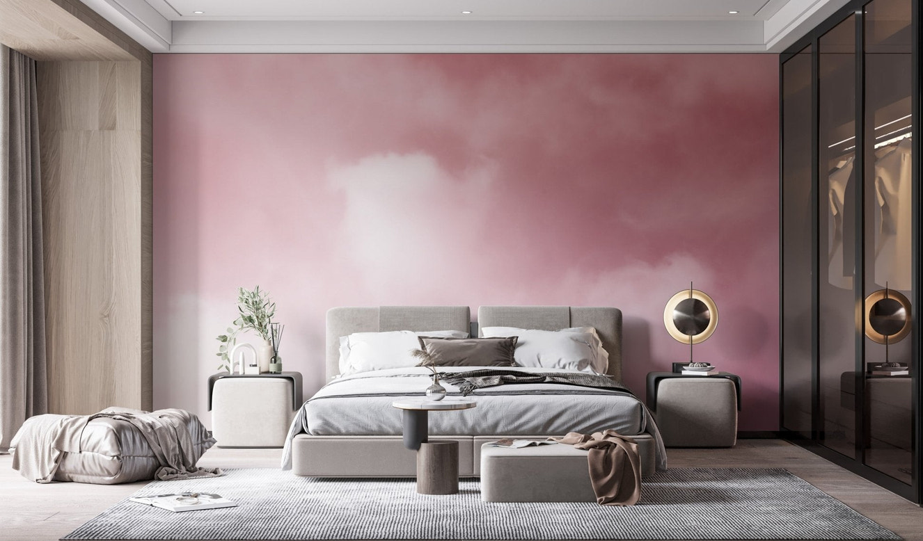 Watercolor pink brushstrokes wall mural for artistic bedroom decor.
