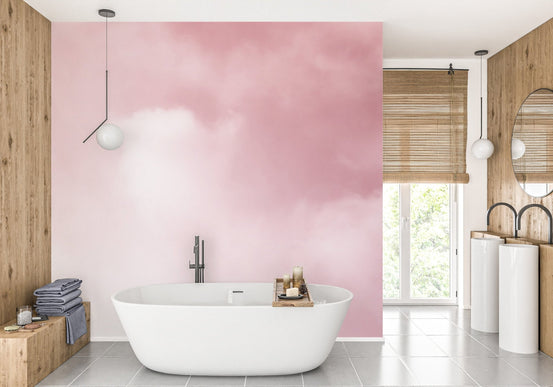 Gentle pink brushstroke mural for tranquil bathroom wall design.
