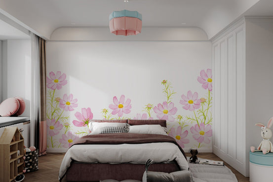 Pink watercolor floral wallpaper with hand-painted cosmos blooms.