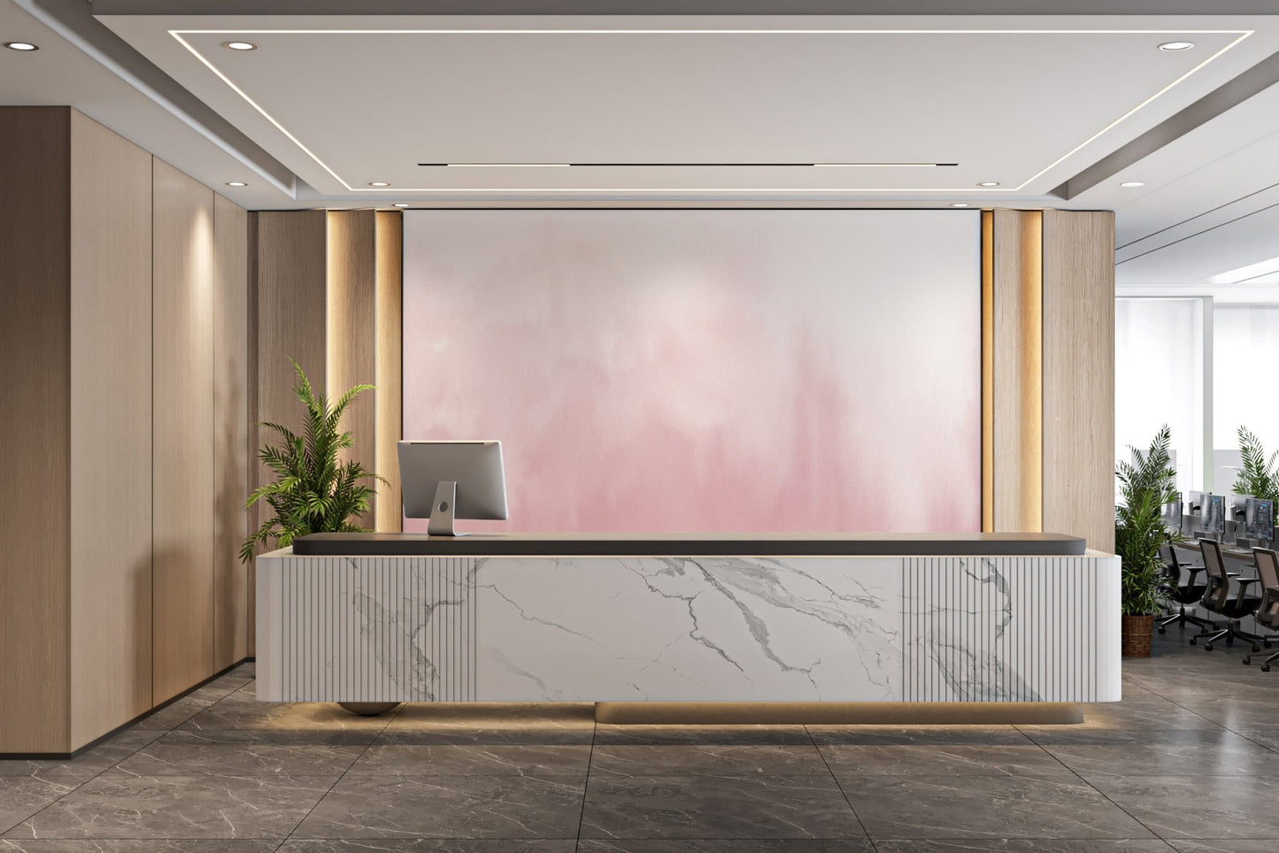 Blush pink watercolor wall mural for a contemporary reception area.