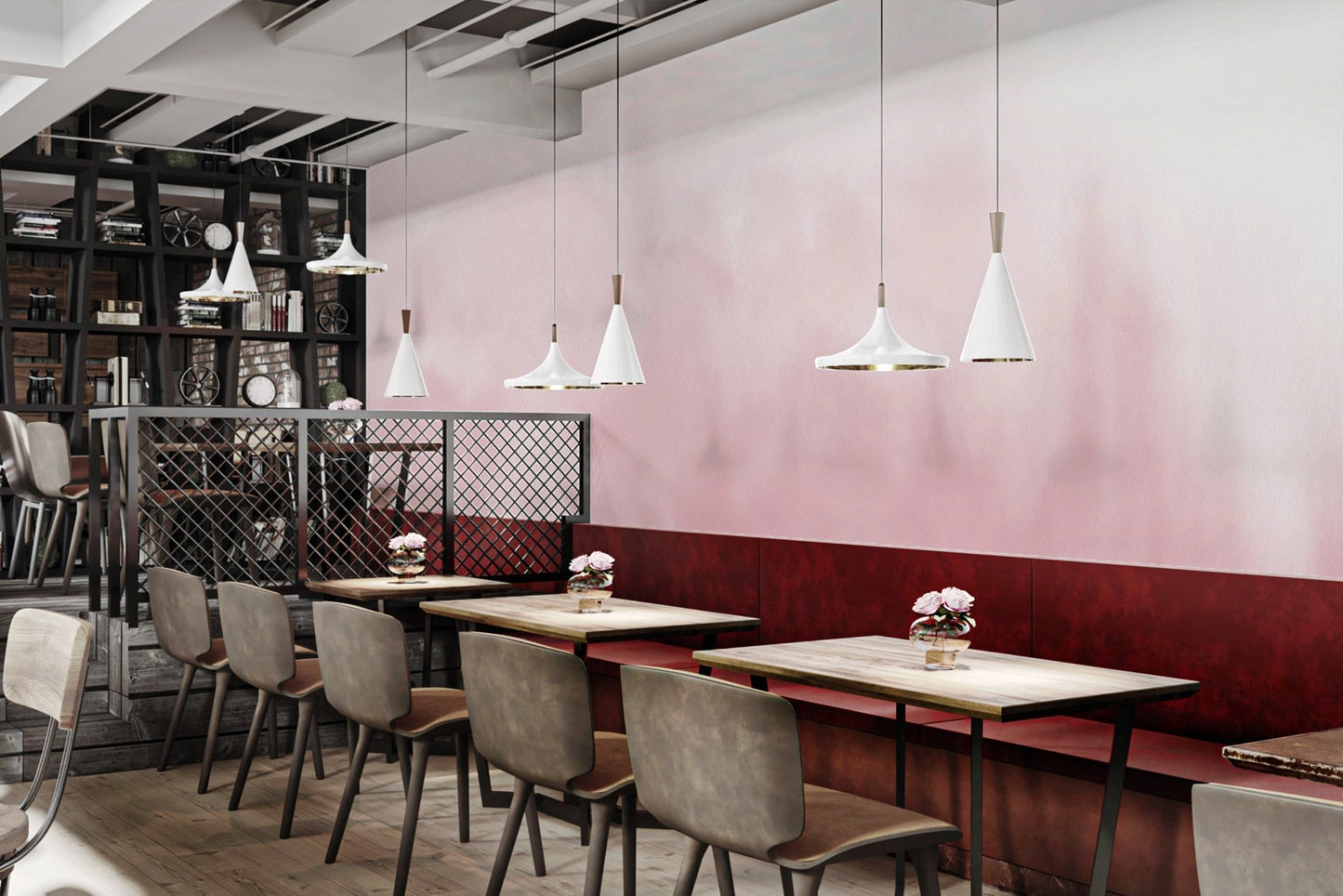 Light pink wash watercolor wall mural for a commercial dining area.