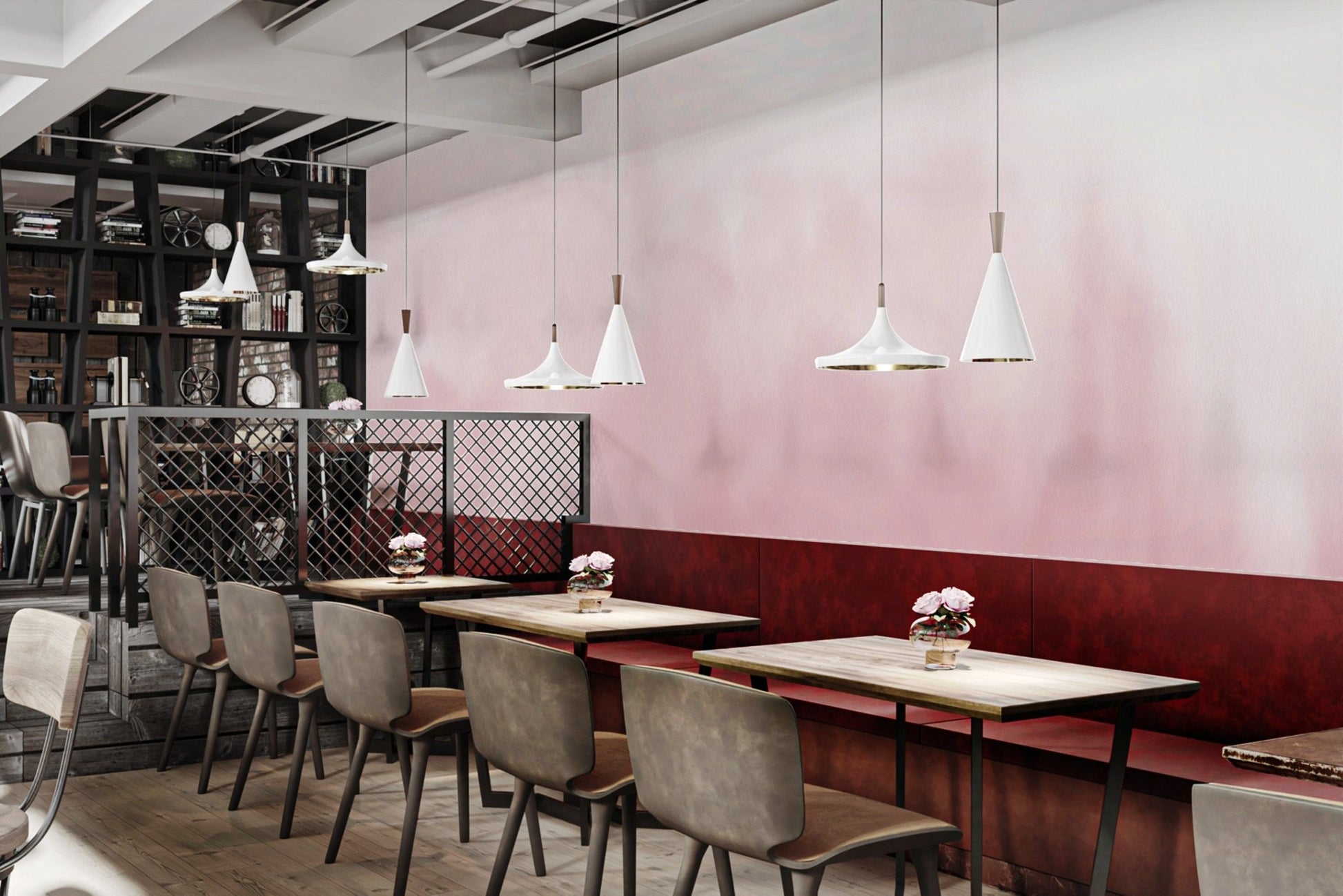 Light pink wash watercolor wall mural for a commercial dining area.