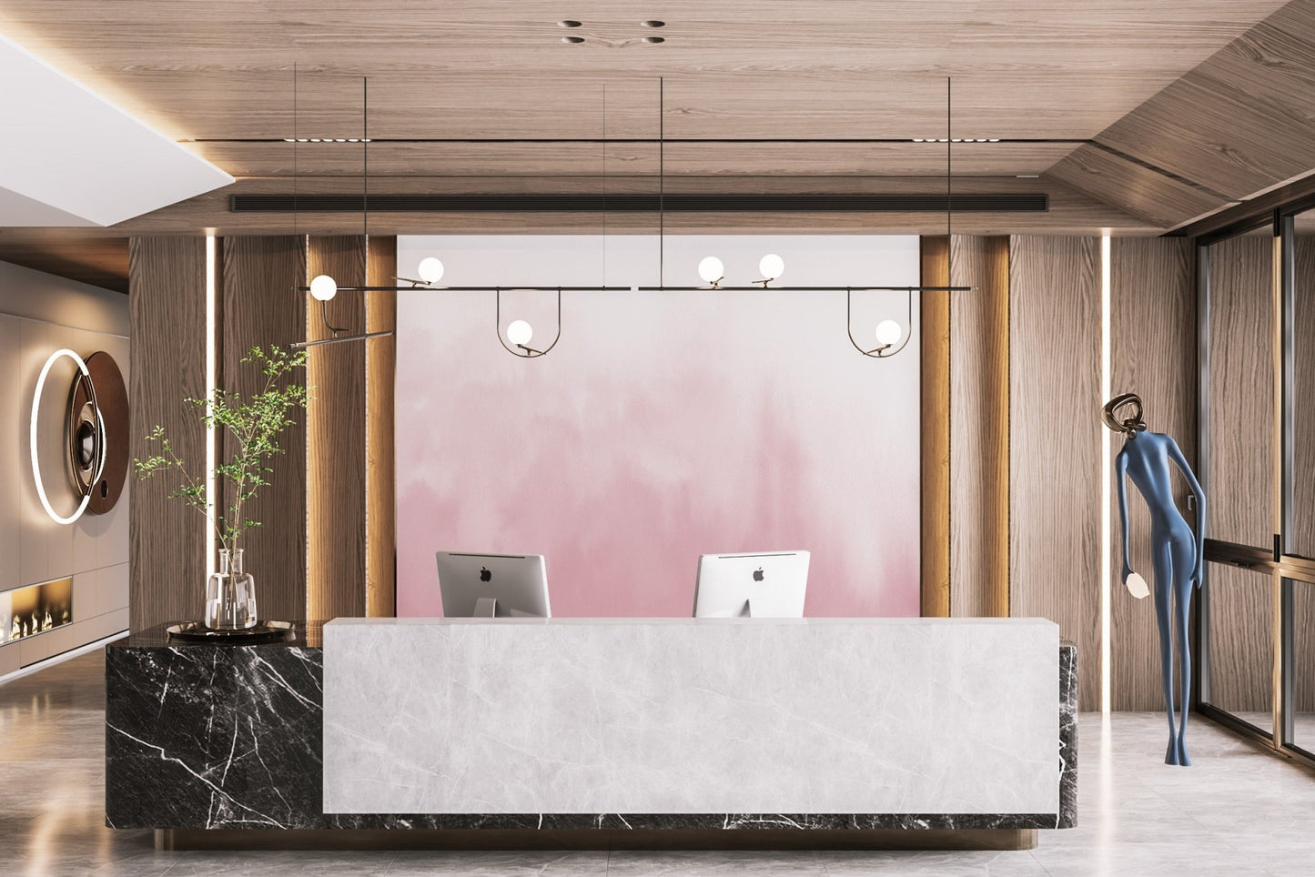 Soft pink ombre effect wall mural in a large lobby area.