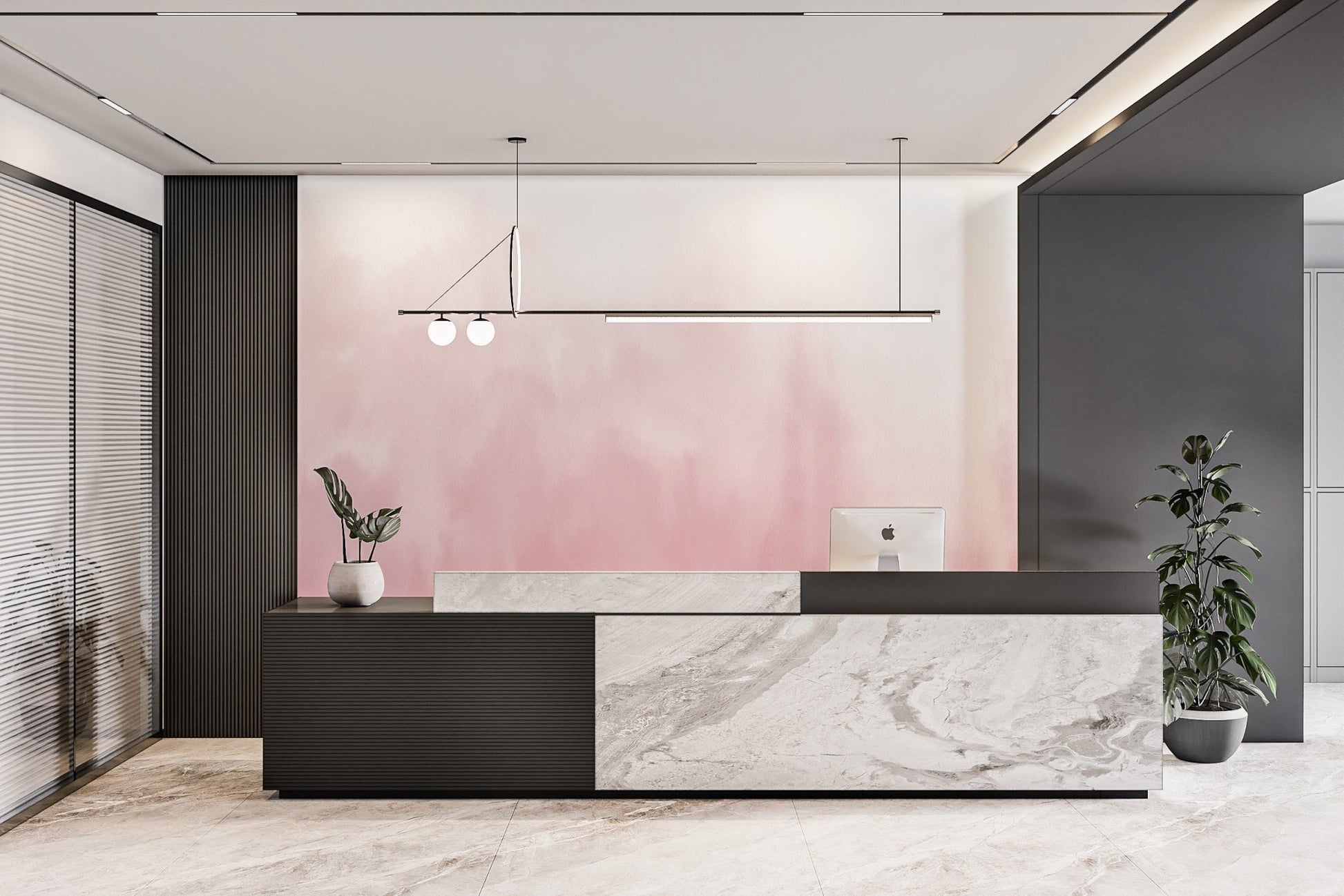 Pastel pink gradient wall mural applied to a wide hallway.