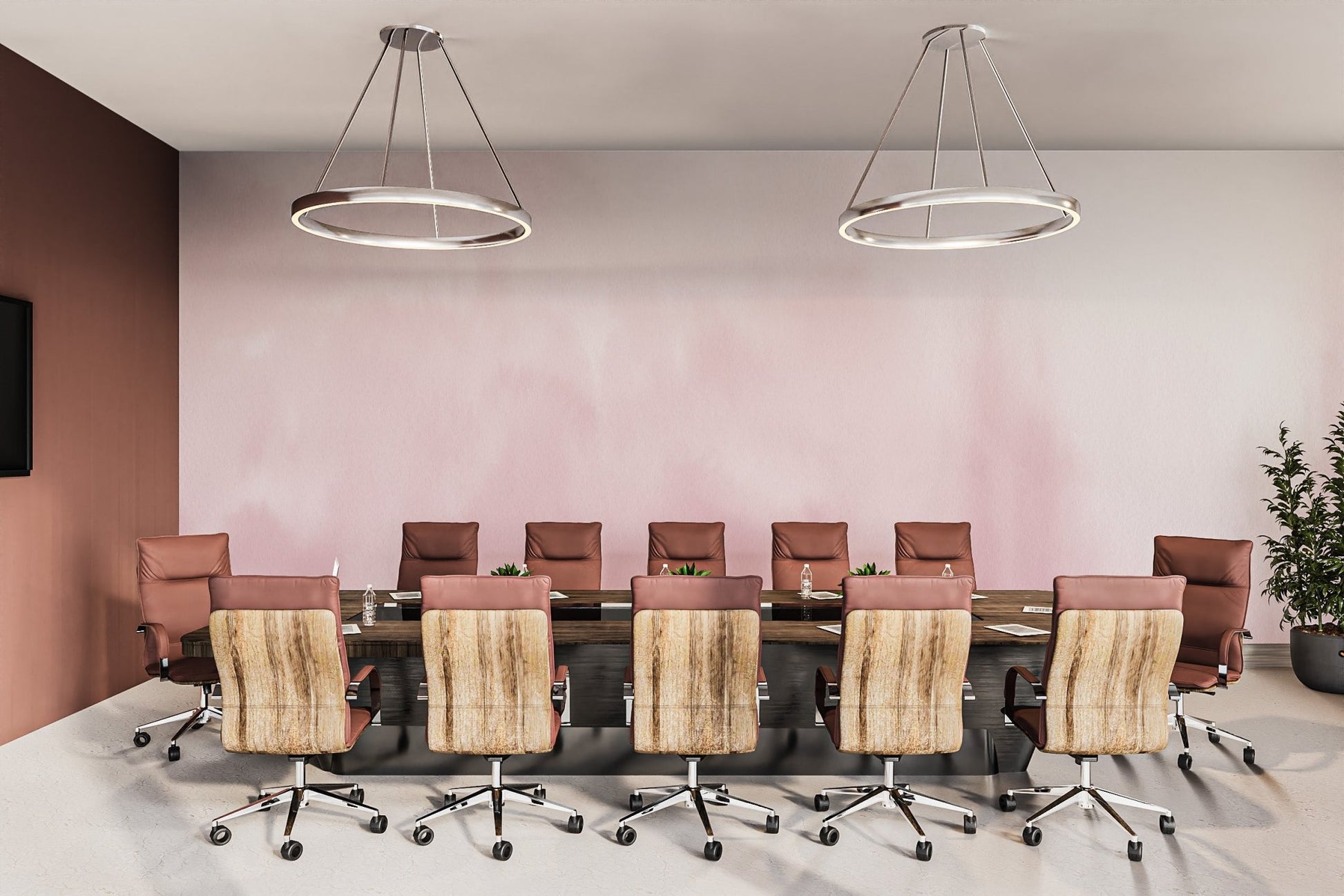 Abstract watercolor wall mural with pink gradient tones for a meeting area.