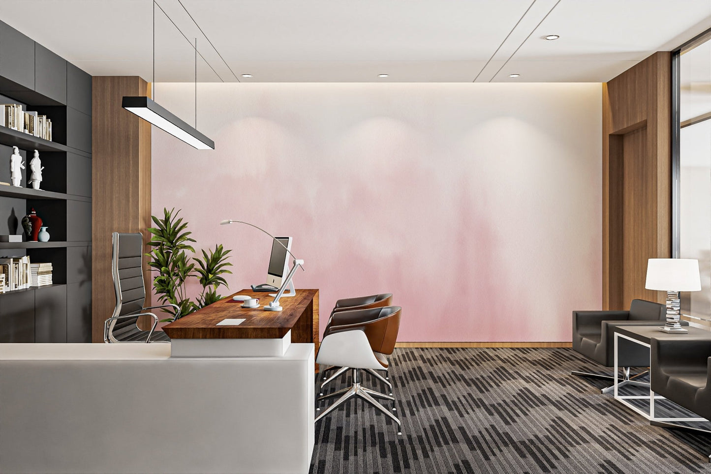 Pink Watercolor Gradient Wall mural in a  modern workspace. 