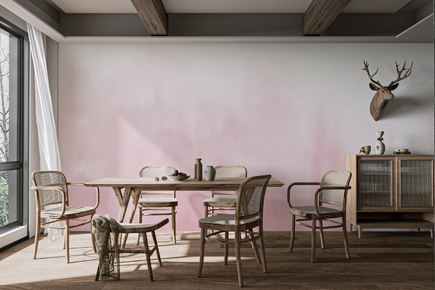 Soft pink and white gradient wall mural for a large dining room.