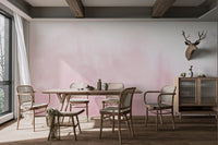 Soft pink and white gradient wall mural for a large dining room.