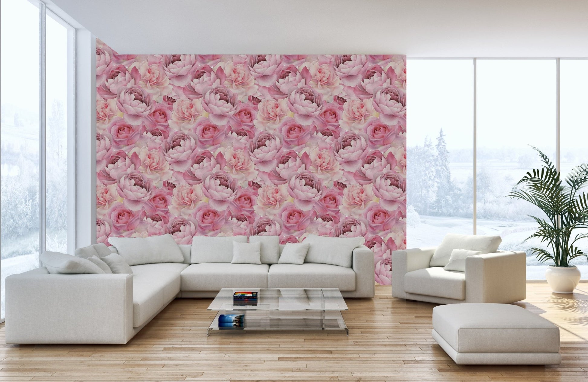 Contemporary living area with pink floral wallpaper