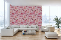 Contemporary living area with pink floral wallpaper