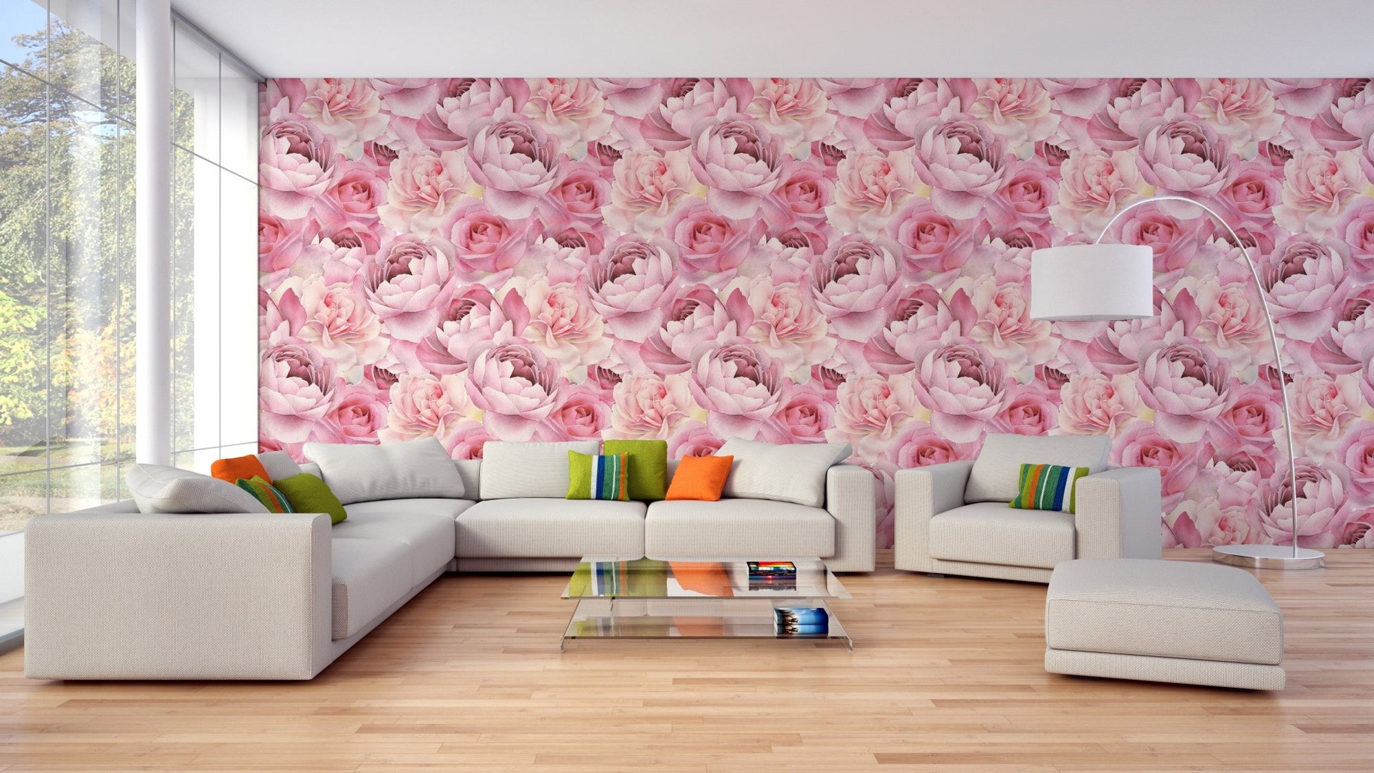 Large living room with pink floral wallpaper on the main wall.
