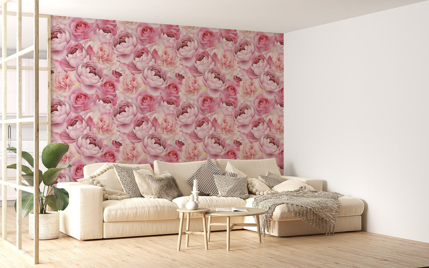 Stylish living area featuring soft pink rose patterned wall mural.