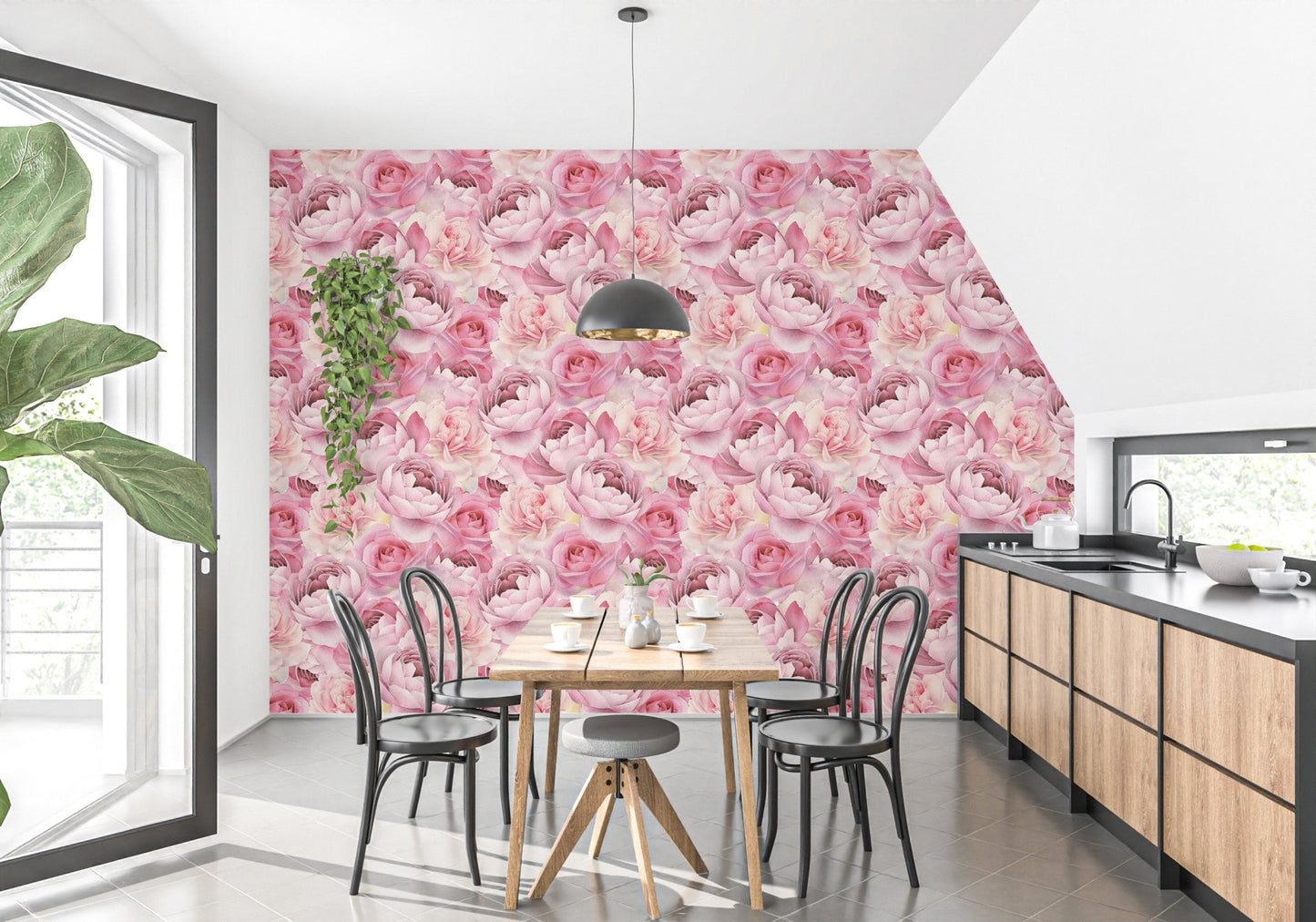 Minimalist lounge design with elegant pink flower wallpaper.