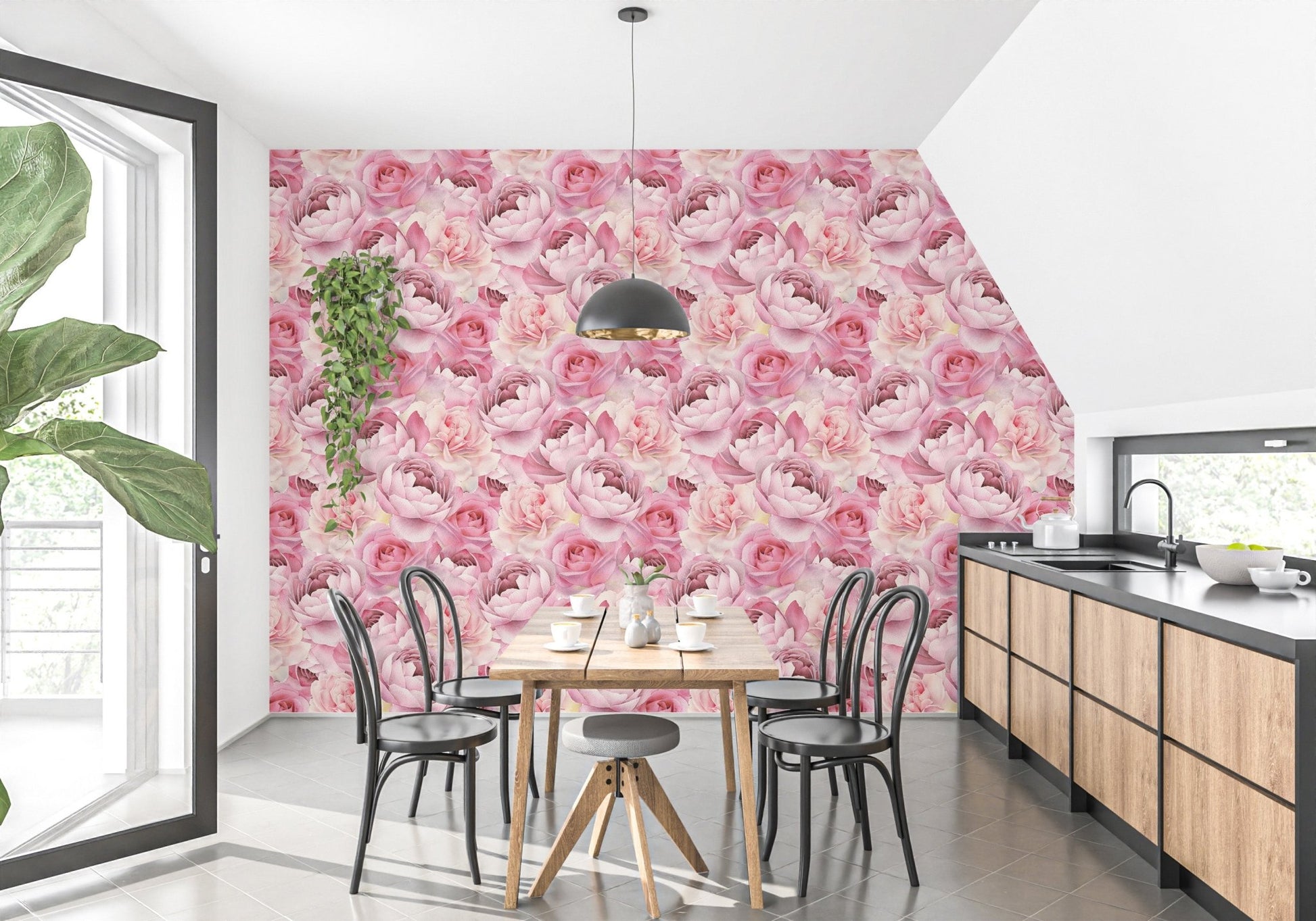 Minimalist lounge design with elegant pink flower wallpaper.