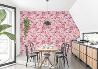 Minimalist lounge design with elegant pink flower wallpaper.