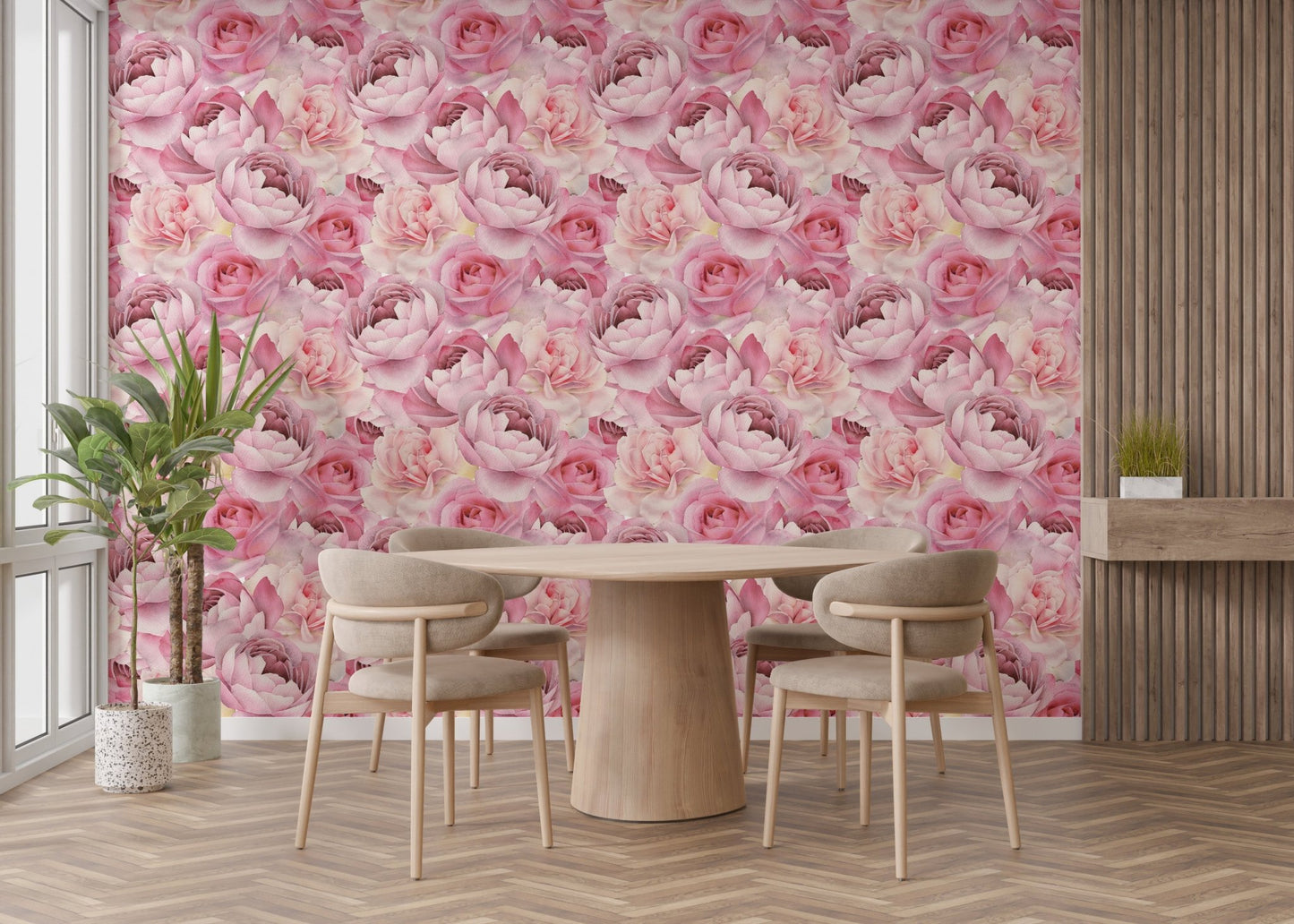 Dining area with a feature wall of delicate pink rose wallpaper.