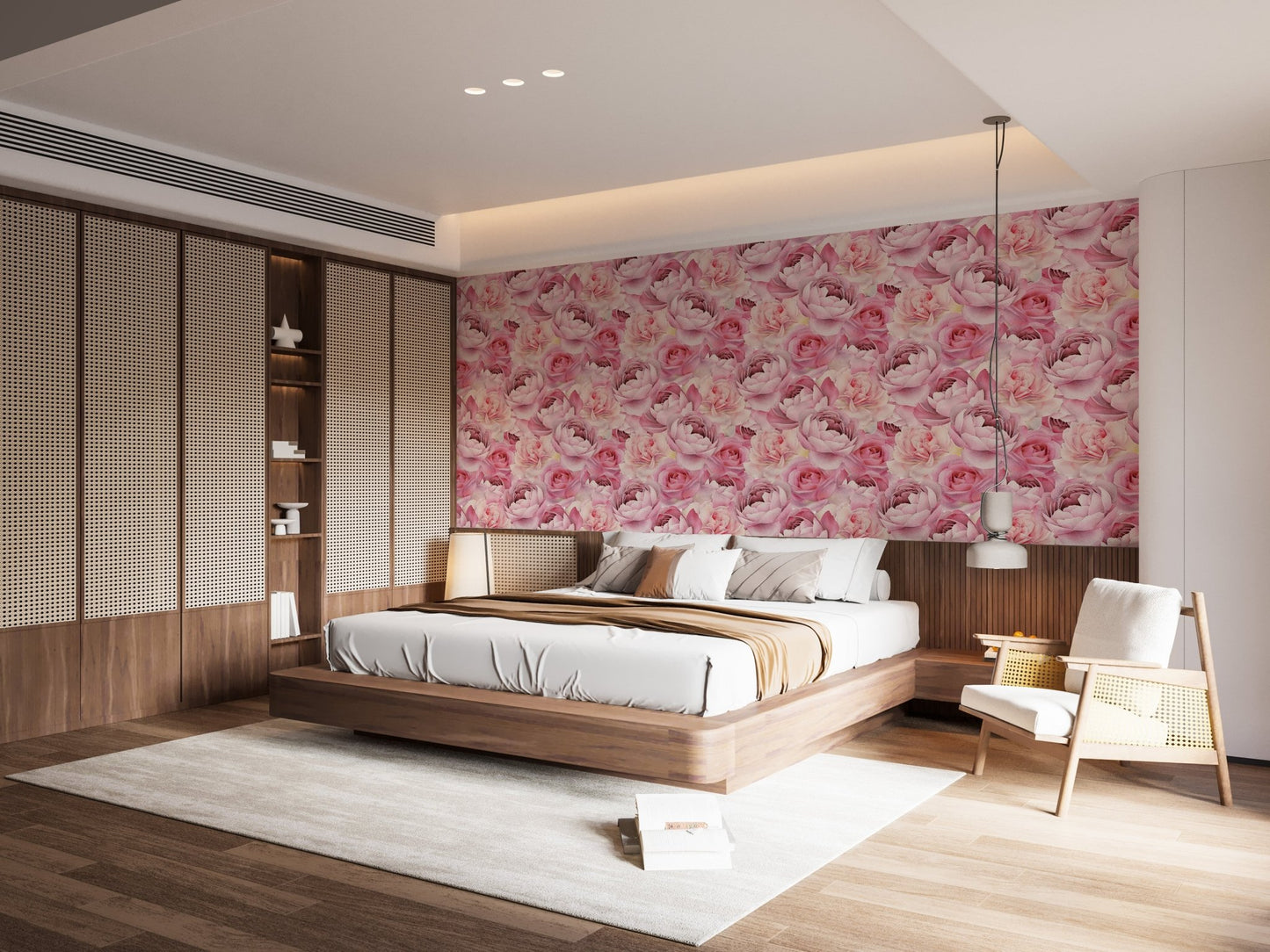 Bedroom interior featuring soft pink watercolor rose pattern wallpaper.