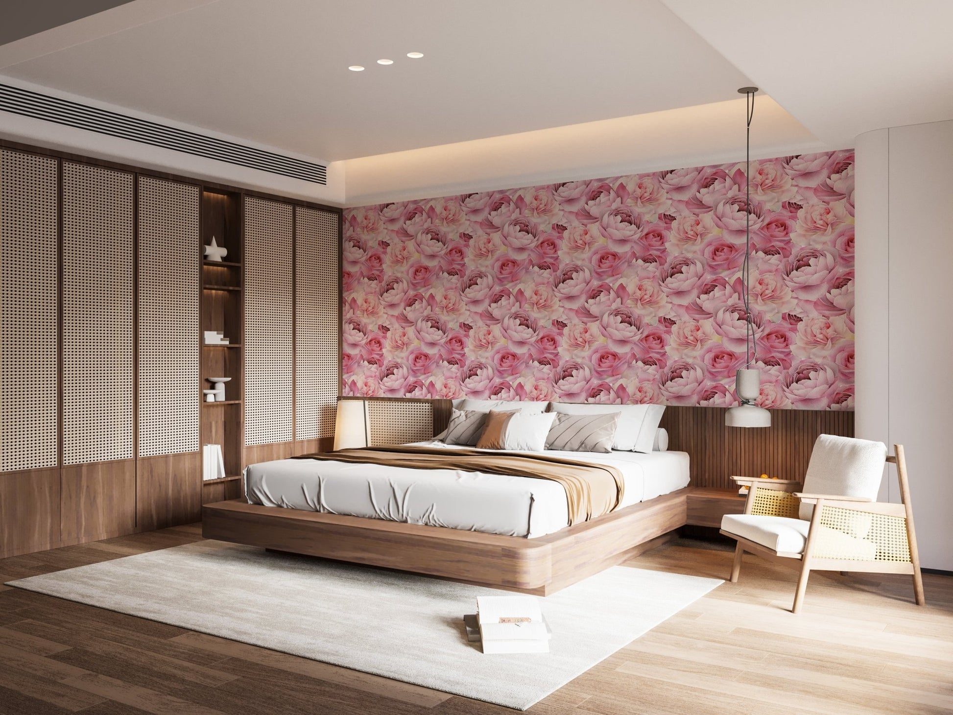 Bedroom interior featuring soft pink watercolor rose pattern wallpaper.