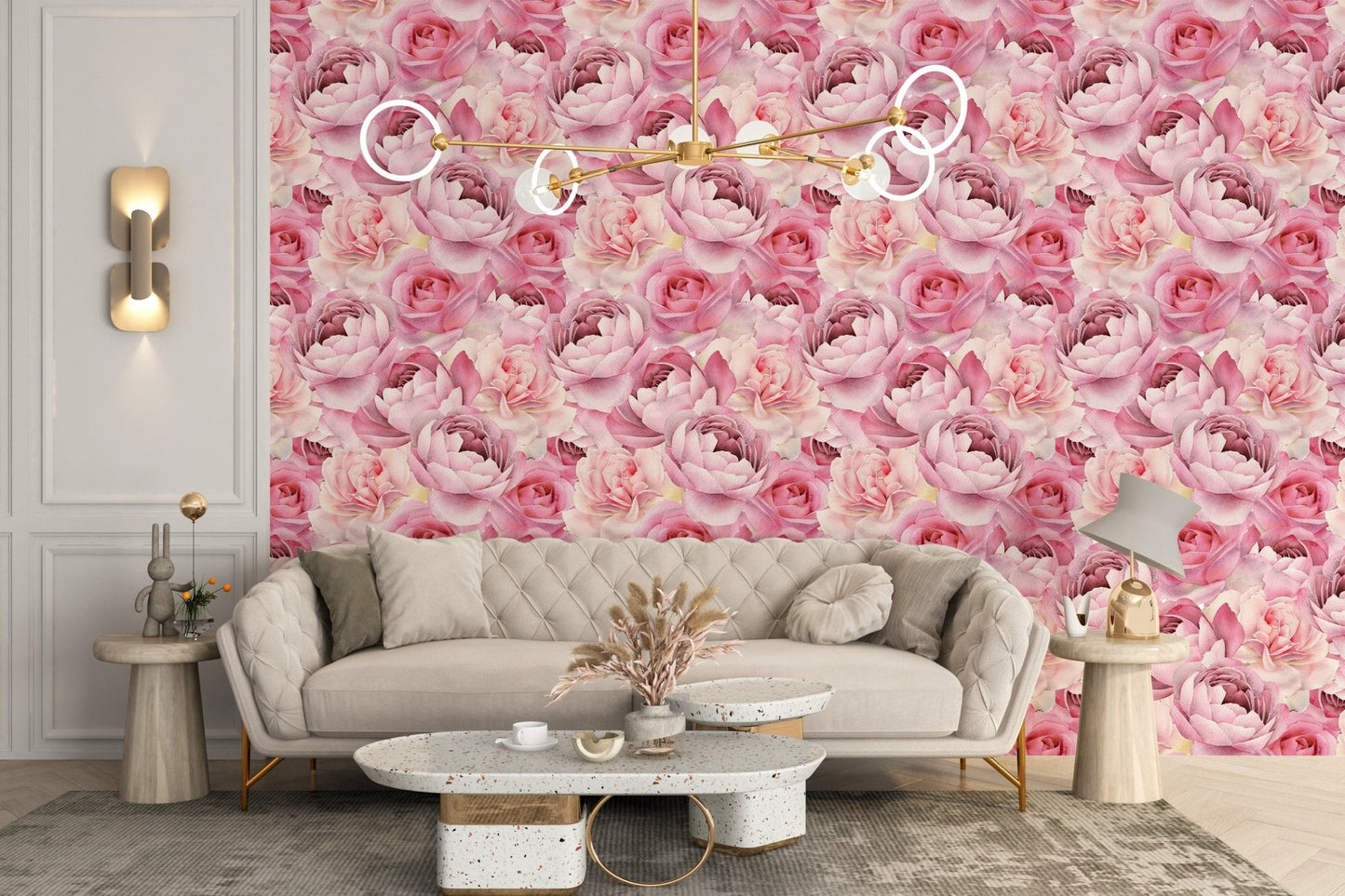 Cozy seating arrangement with vibrant pink rose wallpaper.