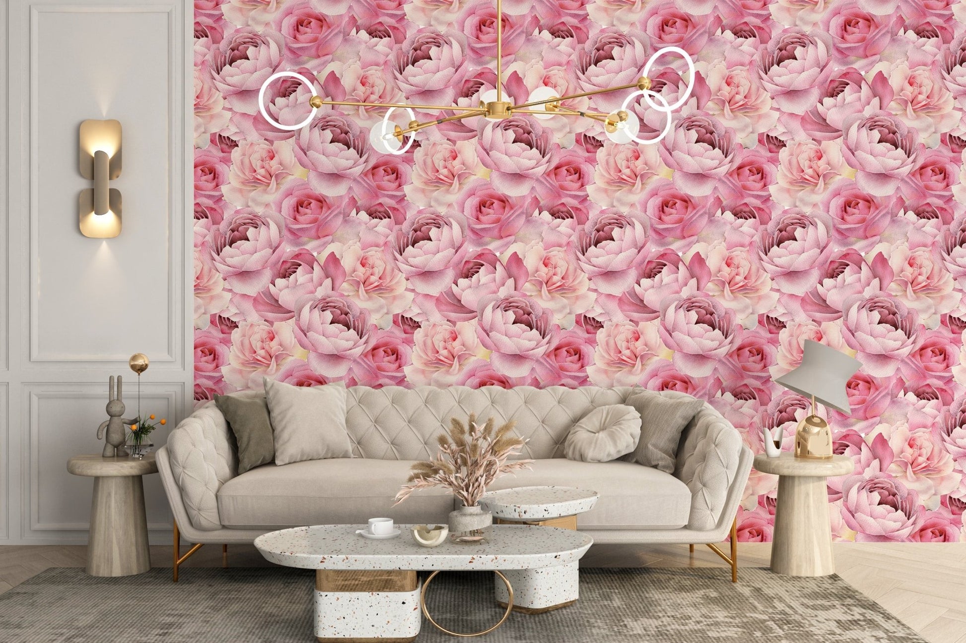 Cozy seating arrangement with vibrant pink rose wallpaper.