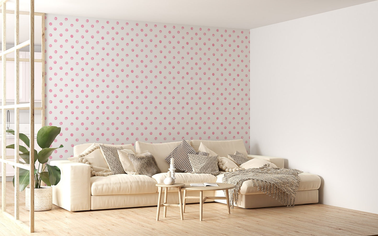 Pink watercolor seamless pattern polka dots wallpaper in a living room with white sofa.