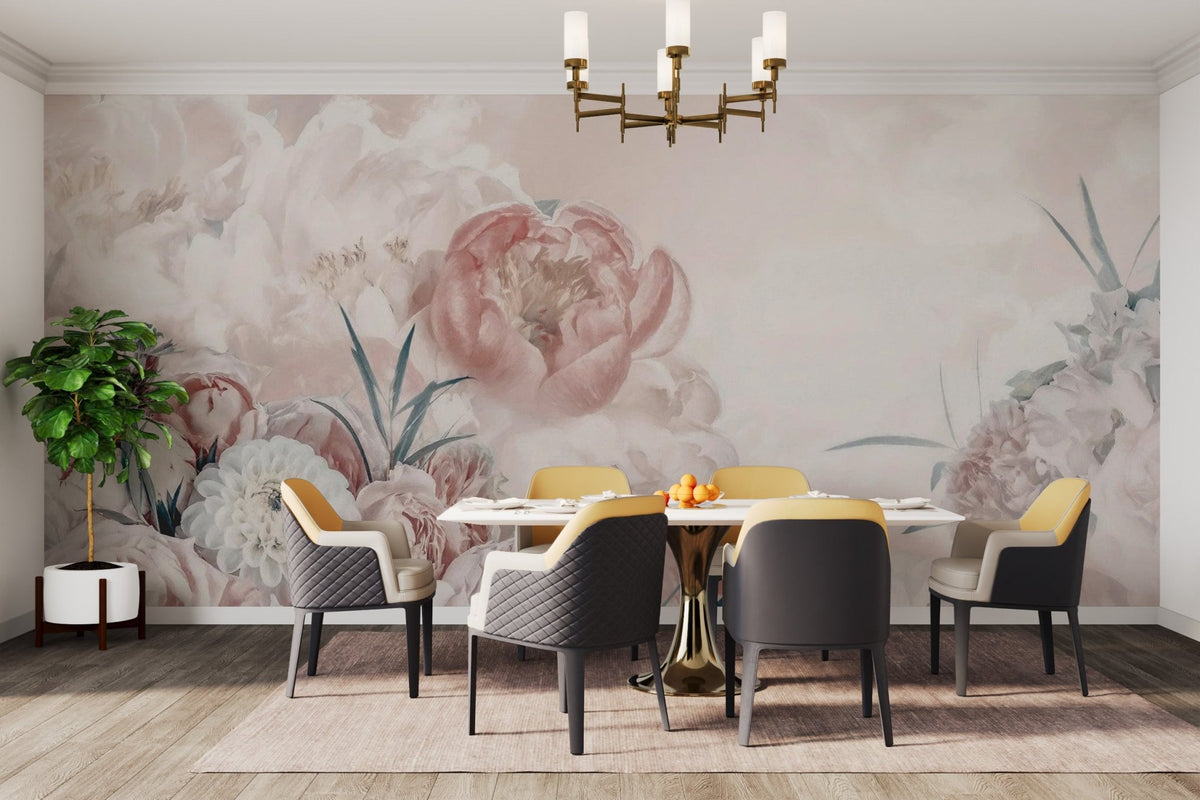 Large scale blossom mural in neutral pink and ivory shades.