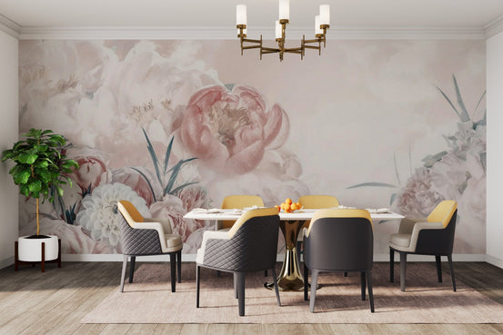 Large scale blossom mural in neutral pink and ivory shades.