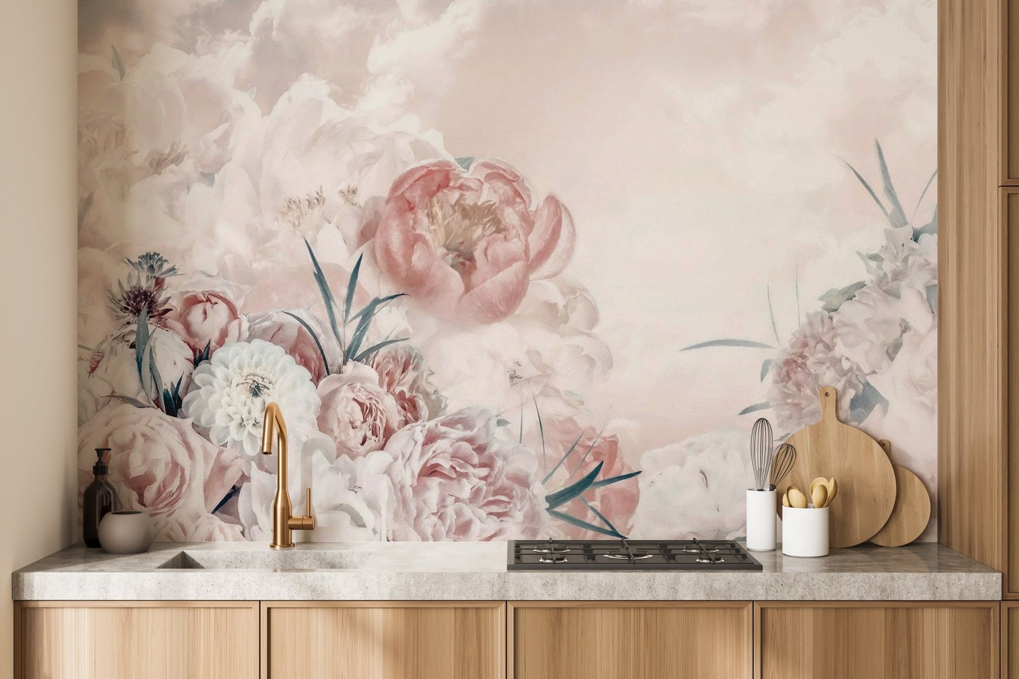 Pink white flower wallpaper mural with soft peonies and dreamlike clouds.