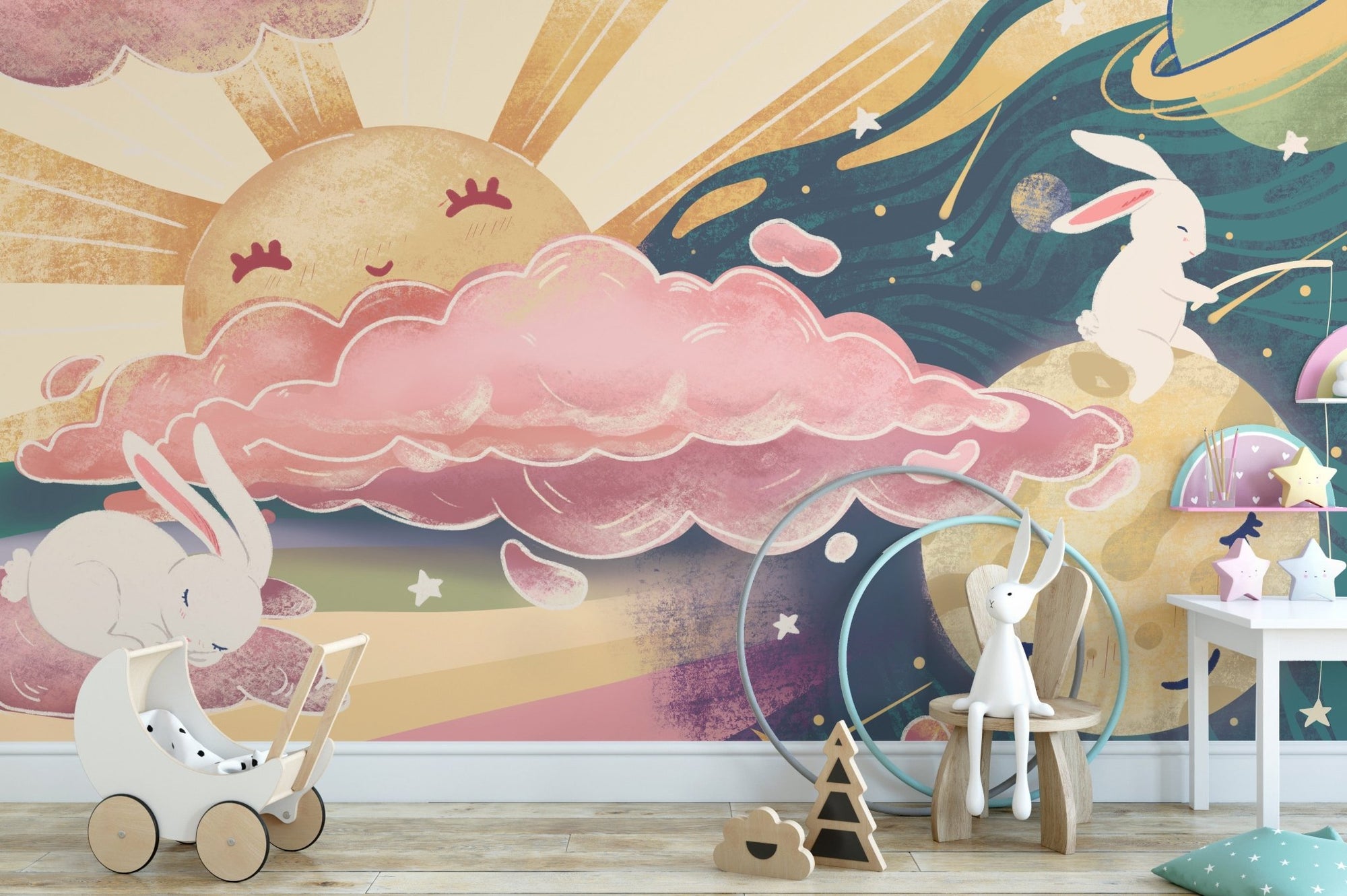 Pink Yellow Sun and Sky Wall Mural in a kids playroom