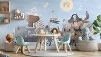 Watercolor animal pirate wall mural with anchor and sail details.