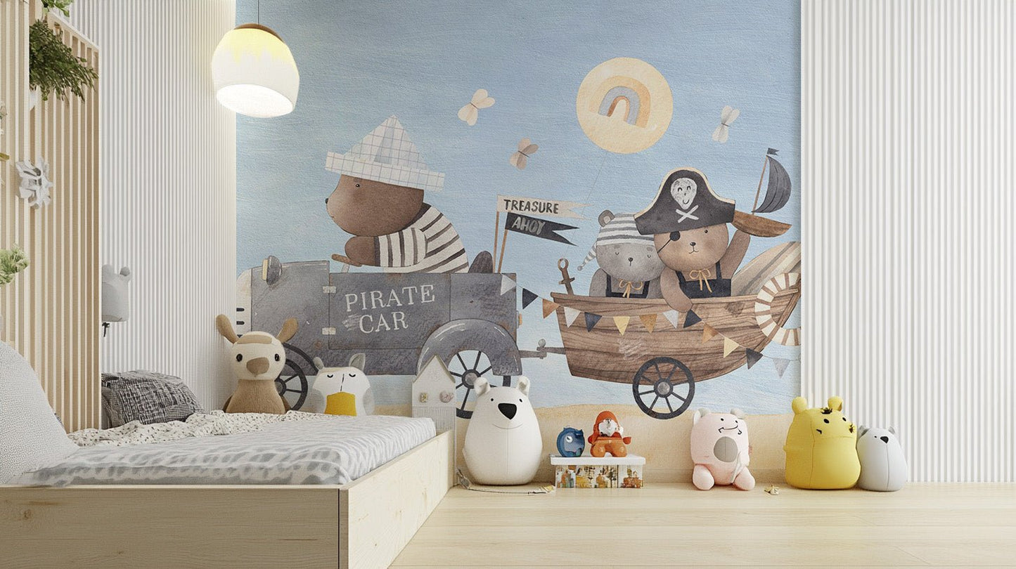 Illustrated bear crew wall mural with light sky blue backdrop.