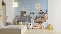 Illustrated bear crew wall mural with light sky blue backdrop.