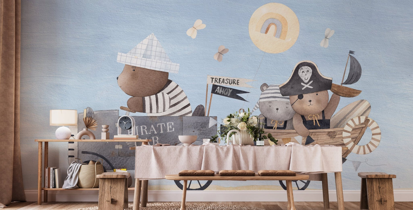 Creative pirate bear wall mural with gentle watercolor texture.