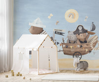 Storybook pirate bear mural with boat and vintage car design.