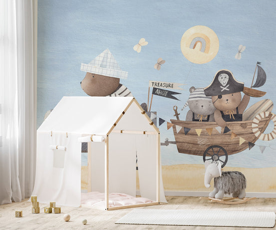 Storybook pirate bear mural with boat and vintage car design.