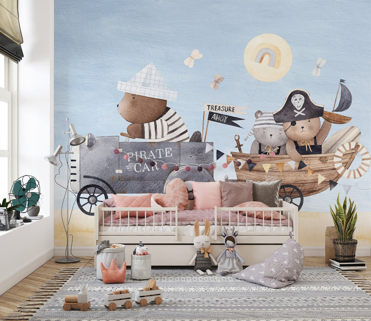 Adventure inspired wall mural with wooden boat illustration.
