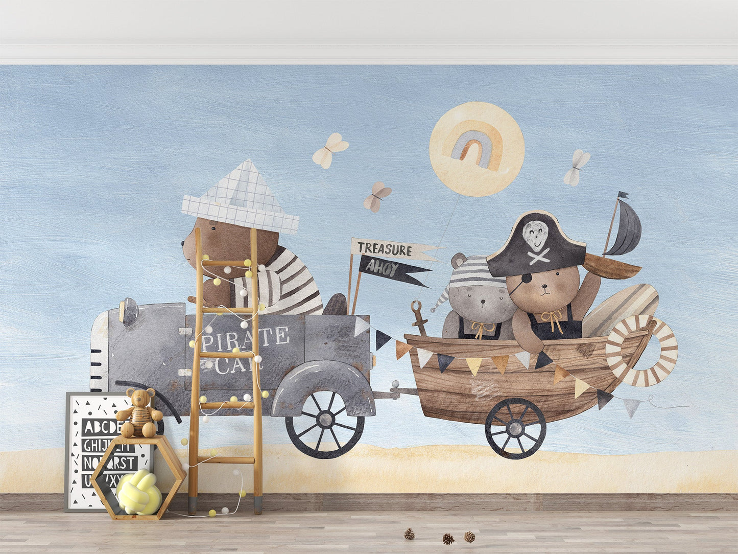 Watercolor pirate bear wall mural in soft blue and beige color.